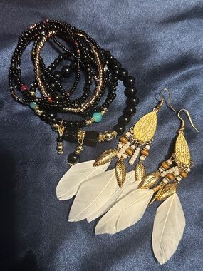 Boho Feather Drop Earrings and Black Beaded Bracelet Set